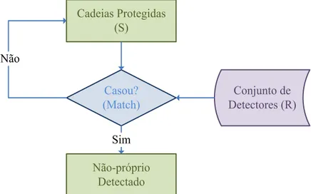 Figura 4: Fluxograma da fase de monitoramento do ASN.  Cadeias Protegidas  (S) Casou? (Match)Não Não-próprio  Detectado Conjunto de  Detectores (R)Sim