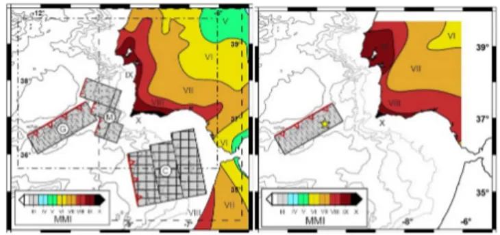 Figura 1: À esquerda - isossistas  sismo  de  e  as  três  fontes  estudadas para este sismo: C –  fonte localizadaa  no Golfo  de Cádiz; M – fonte localizada na falha Marquês de Pombal; 