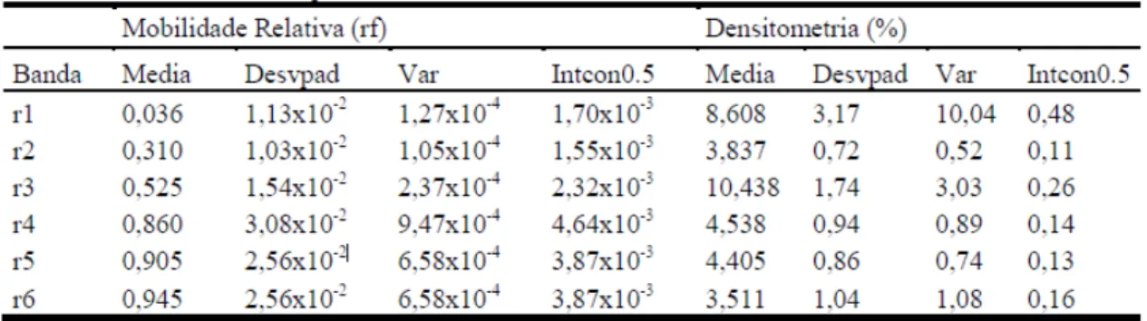 Tabela  3  -  Estatística  descritiva,  medidas  de  tendência  central  e  de  posição  das  mobilidades  relativas  (rf)  e  valores  densitométricos  das  proteínas  musculares  hidrossolúveis  de  peito  de  frango  de  corte  separadas  por  eletrofor