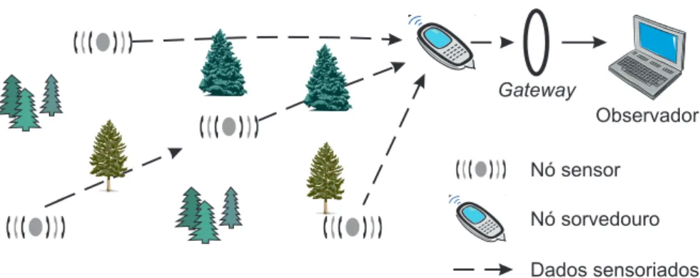 Figura 2.3. Estrutura básica de uma rede de sensores [Aquino, 2008].