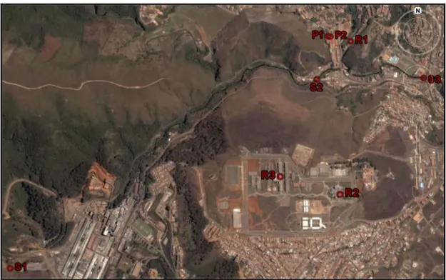 Figura 3.1 – Imagem de satélite do campus da UFOP e parte da cidade de Ouro Preto, com  os pontos de coleta georeferenciados, gerada pelo programa Google Earth ® 