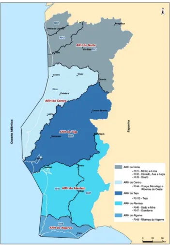 Figura 2 - Administrações de Região Hidrográfica criadas, para Portugal Continental, ao abrigo  da Lei n.º 58/2005, de 29 de Dezembro