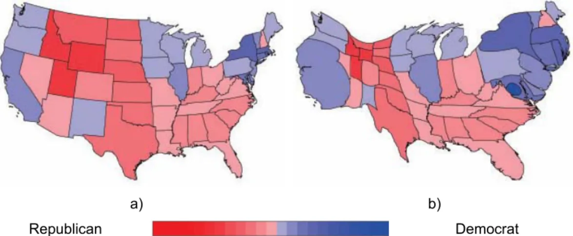 Figure 17 – Diffusion Cartogram. a) 2004 USA presidential elections b) 2004 USA  presidential elections cartogram using diffusion cartogram (Gastner and Newman 2004) 
