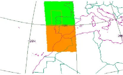 Figura 3.2 – Esquema de ligação das imagens MOD09A1 necessárias para cobrir o território de  Portugal (verde – imagem 1; amarelo – imagem 2) (Fonte: NASA,2002) 