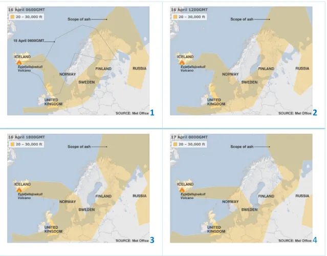 Figura 18 – Alerta de cinzas vulcânicas islandesas para os voos do Reino Unido  Fonte: BBC News, 15/04/2010 