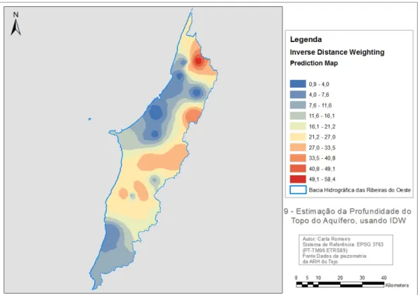 Figura 16 – Mapa de Estimação da Profundidade do Topo do Aquífero, usando IDW 