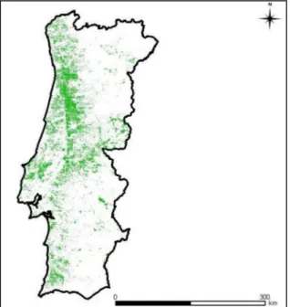 Figura 1.1 – Distribuição atual da área de eucalipto (Autoridade Florestal Nacional, 2010)  Segundo  Goes  (1991),  no  nosso  País  grande  parte  da  área  de  eucalipto  concentra-se  ao  longo  da  faixa  litoral,  numa  largura  máxima  de  65  km  em