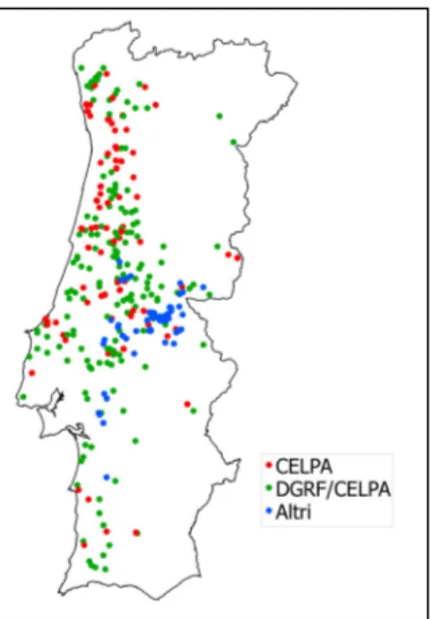 Figura 3.1 – Distribuição das parcelas de eucalipto utilizadas no estudo por inventário 