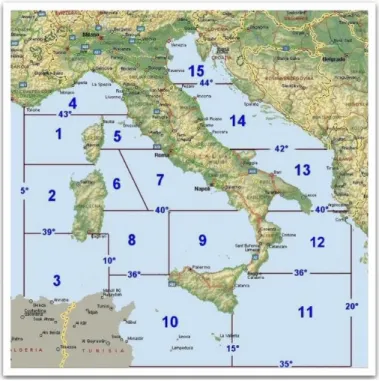 Figure 1 –  Corsican Sea, 2-Sardinian Sea, 3-Strait of Sardinia, 4-Ligurian Sea, 5-N. Tyrrhenian Sea, 6-7  C
