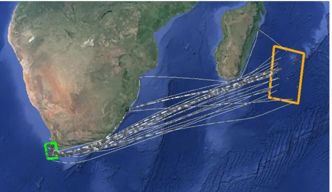 Figure 3-3  –  Sample Ship Tracks between Capetown (green box) and Réunion (orange box)  The data cleansing during the pre-processing phase is based on data quality checks with respect to: 