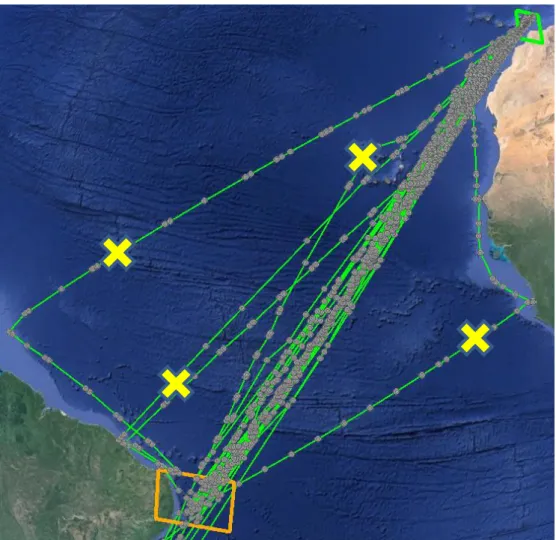 Figure 5-3  –  Ship Tracks between two ocean regions and outliers (sample) 