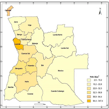 Figura 2: Densidade demográfica por província, em 2014 