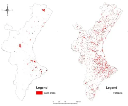 Figure 2: Burnt area (left) and generated ignition hotspots (right) in Valencian Community  (period 2000  –  2006) 