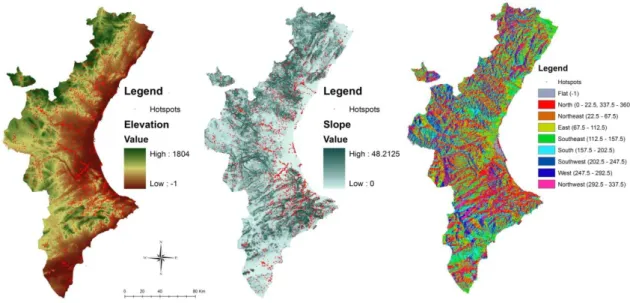 Figure 5: Ignition hotspots superimposed over elevation map (left), slope map (center) and  aspect map (right) 