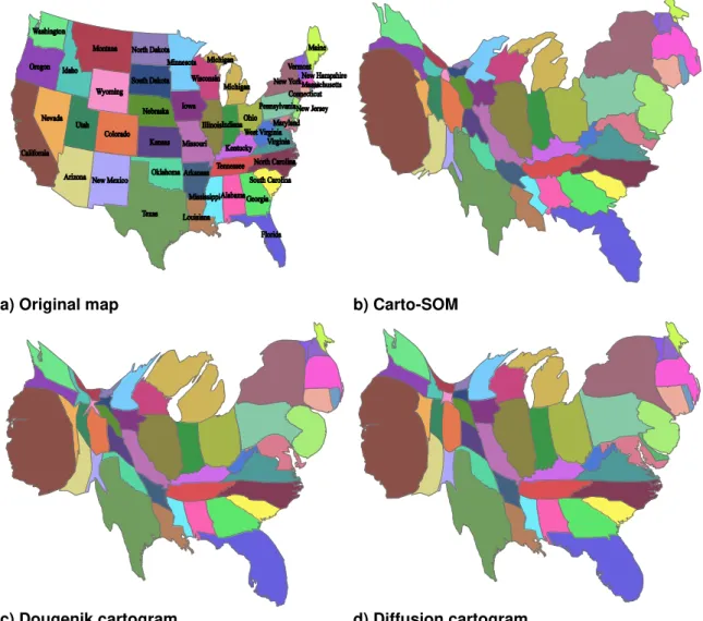 Figure  36  –   USA  population  cartograms  using  the  Carto-SOM,  Dougenik  and  Diffusion  methods 