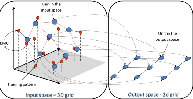 Figure  1  shows  an  example  of  a  two-dimensional  SOM  with  3  x  3  units  adapting  to  a  three-dimensional input dataset