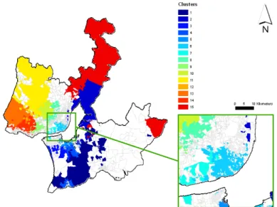 Figure 20  –  Visualising the SOM in a geographic map. This example presents SOM based  clusters of Lisbon Metropolitan Area, which will be further explained in chapter 4 