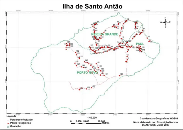 Figura 4 – Mapa de percurso efectuado e dos pontos fotográficos tirados na ilha de Santo Antão 