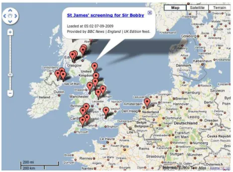 Figure 5: BBC news feeds for UK on Google Maps