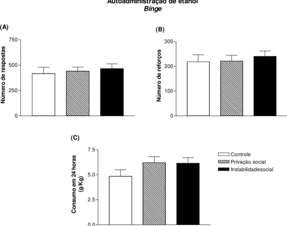 Figura 2.8 - Respostas (A), reforços (B) e consumo (C) de ratos adolescentes submetidos a 15  dias  de  estresse  social