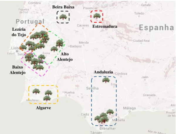 Figura 14 – Mapa de Portugal e Espanha com localização das herdades de proveniência das amostras de  cortiça