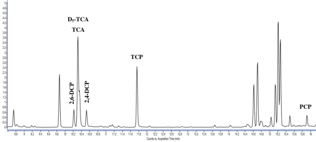 Figura 16 – Cromatograma típico de um padrão de 4,00 ng/L de TCA e 8,00 ng/L de clorofenóis