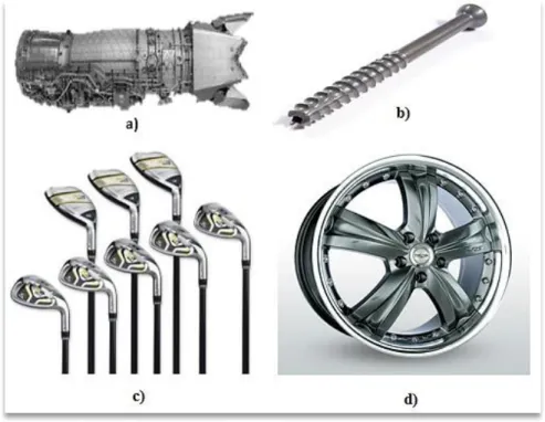 Figura 4 – Exemplos de aplicação do titânio e suas ligas: a) turbina a gás (Donachie, 2000); b) espigão usado  em medicina dentária (Ortopédicos, 2015); c) tacos usados na prática de golfe (Em10taque, 2013); d) jante de 