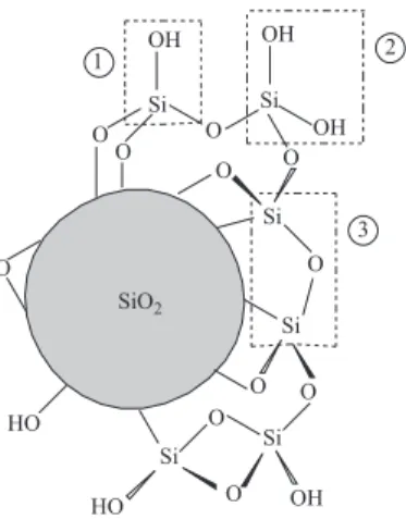 Figura 1. Esquema da estrutura da sílica gel. Em destaque os grupos silanol geminal (1), silanol vicinal (2) e siloxano (3)