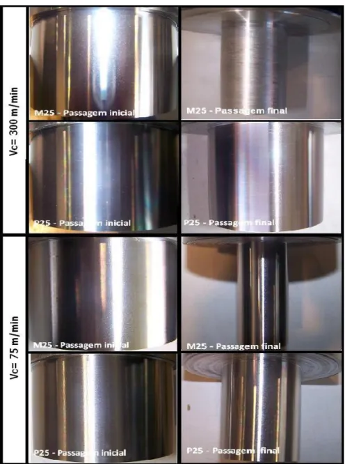 Figura  ‎ 4.16 – Superfícies maquinadas obtidas nos ensaios longos, com Vc=300 m/min e Vc=75 m/min, p=2mm e  a=0,05 mm/rot., a) M25 passagem inicial; b) M25 passagem final; c) P25 passagem inicial; d) P25 passagem final