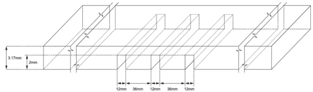 Figure 2. Base metal dimensions. Transversal slots with 12 × 2 mm on the lower surface of the steel sheet induce bead discontinuities.