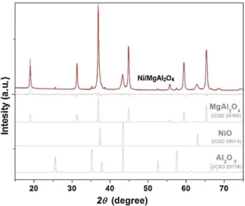 Fig. 1. X-ray diffraction patterns for the Ni/MgAl 2 O 4 catalyst. Experimental and cal- cal-culated (red line) X-ray diffraction patterns for the catalyst