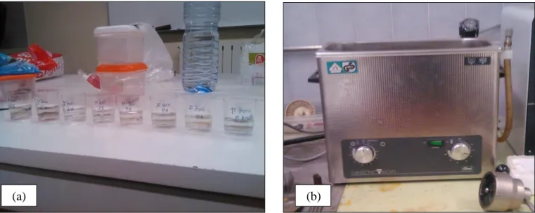 Figura 2.11 - Copos plásticos com partículas envolvidas em etanol (a) e máquina de ultra-sons (b) 