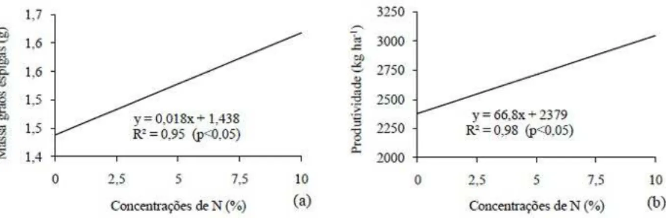 Figura 4. Valores médios da massa de grãos por espigas (a) e produtividade de grãos (b) em função das concentrações  de nitrogênio foliar na cultura do trigo