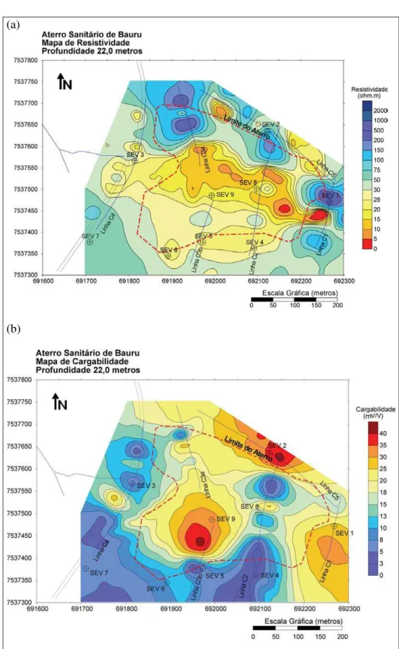 Figura 10 – Mapa de resistividade/IP na profundidade de 22 metros.