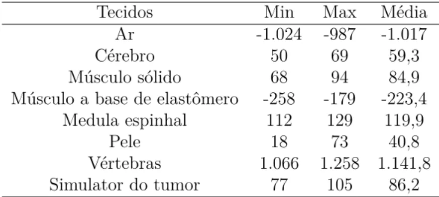 Tabela 6 – Unidade de Hounsfield (HU) obtidas da resposta tomográfica do phantom: ar, pele, cérebro, medula espinhal, músculos, dentes, vértebras cervicais e simulador de tumor.