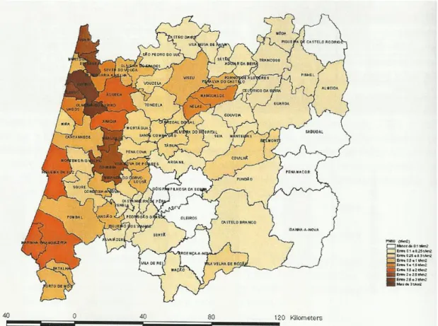 Figura 4 - Distribuição espacial de emissões de PM10 na Região Centro em 2009 (kg/km 2 ) (ALMEIDA  et al., 2010) 