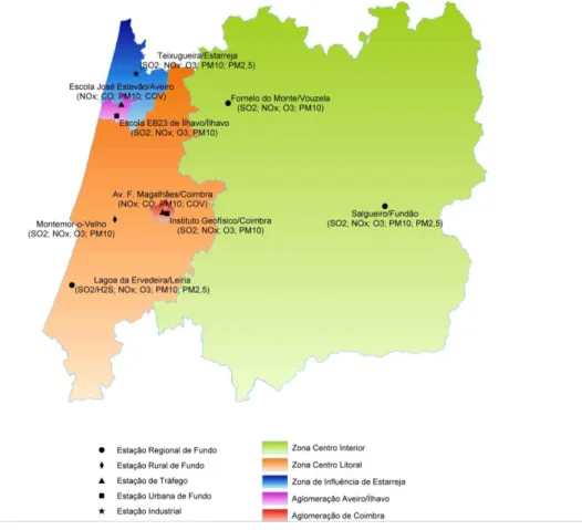 Figura 10 - Delimitação das Zonas e Aglomerações da Região Centro e respetivas estações de  monitorização (LAMEIRAS, 2011; URL1) 