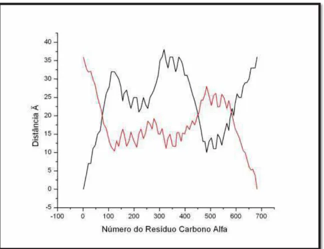Figura 35 - Distância interna da proteína 2efv referente ao primeiro número do resíduo (em preto) e  cálculo do último resíduo Cα (em vermelho)