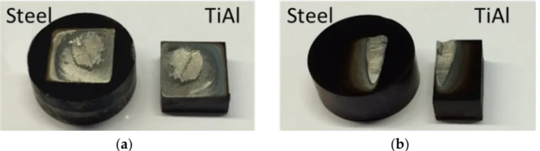 Figure 7.  Macroscopic images of fracture  surfaces  of  shear test  specimens of the  joints produced  at  800 °C using Ni/Ti multilayers with: (a) 30 nm and (b) 60 nm of bilayer thickness. 
