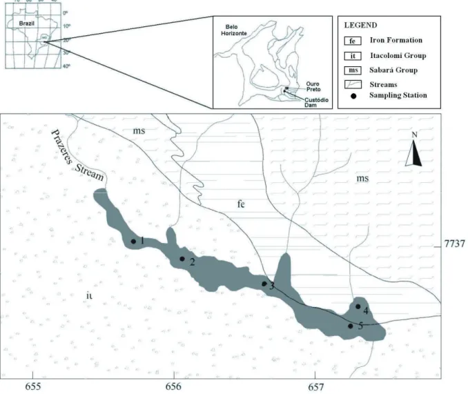 Figure 1: Localization of the Custódio dam and of the sampling stations.