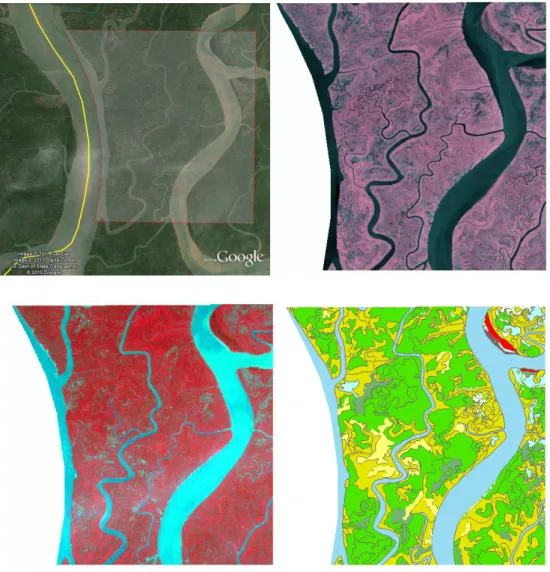 Figure 12: Clockwise from top left - study area mask created from QuickBird image showed in Google Earth; 