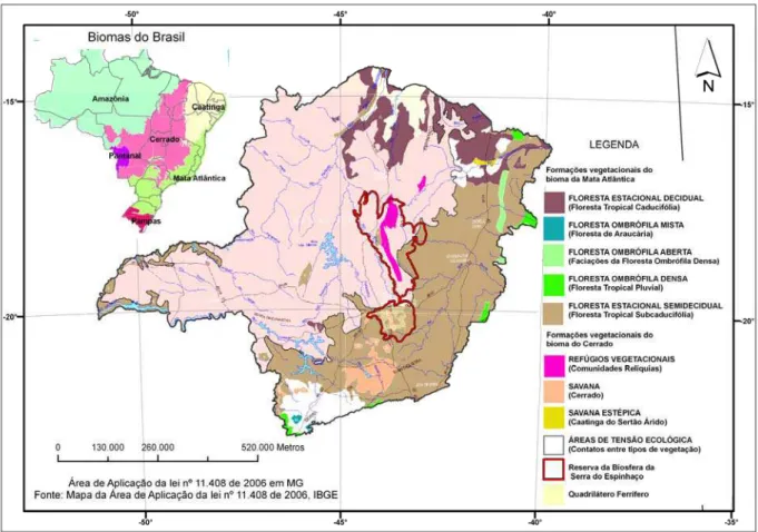 FIGURA 2 - Biomas do Brasil em Minas Gerais e área de abrangência da Mata Atlântica.  FONTE: Bioma Meio Ambiente (2010); dados cartográficos: IBGE (2006)