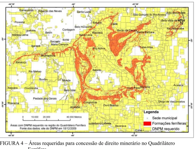 FIGURA 4 – Áreas requeridas para concessão de direito minerário no Quadrilátero  Ferrífero