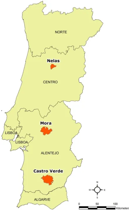 Figure 6: Location of the three MMU study areas over Continental Portugal,  represented by the CAOP 2009 limits with NUTS II division (Adapted from: IGP 2009) 