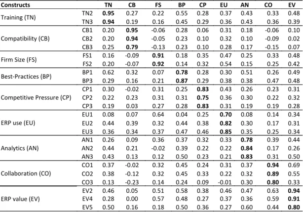 Table 3 - Loadings and cross-loadings for the measurement model  Constructs  TN  CB  FS  BP  CP  EU  AN  CO  EV  Training (TN)  TN2  0.95  0.27  0.22  0.55  0.28  0.37  0.43  0.33  0.48  TN3  0.94  0.19  0.16  0.45  0.29  0.36  0.43  0.36  0.39  Compatibil