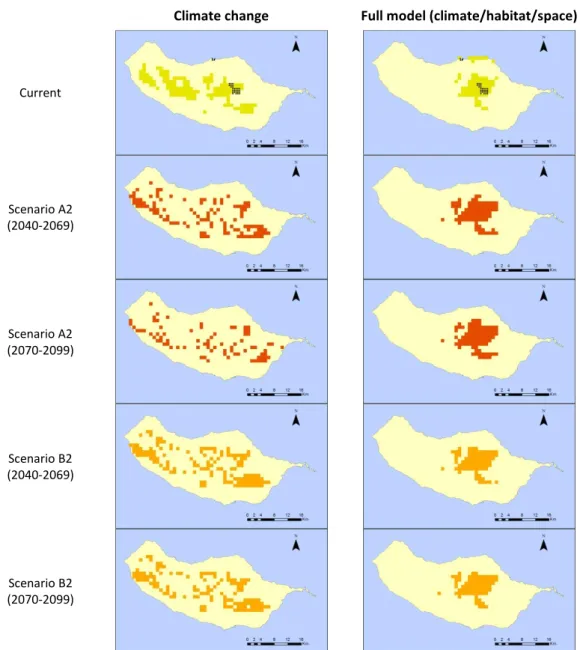 Figure 14: Predictive distribution maps for Leiostyla arborea. On the first row, black points  represent occurrence data, and green patches correspond to the predicted distribution in the  present
