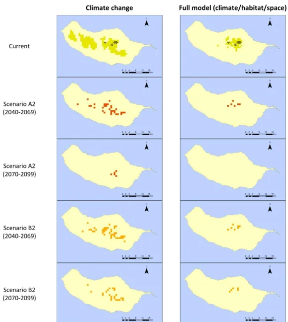 Figure 17: Predictive distribution maps for Leiostyla concinna. On the first row, black points  represent occurrence data, and green patches correspond to the predicted distribution in the  present