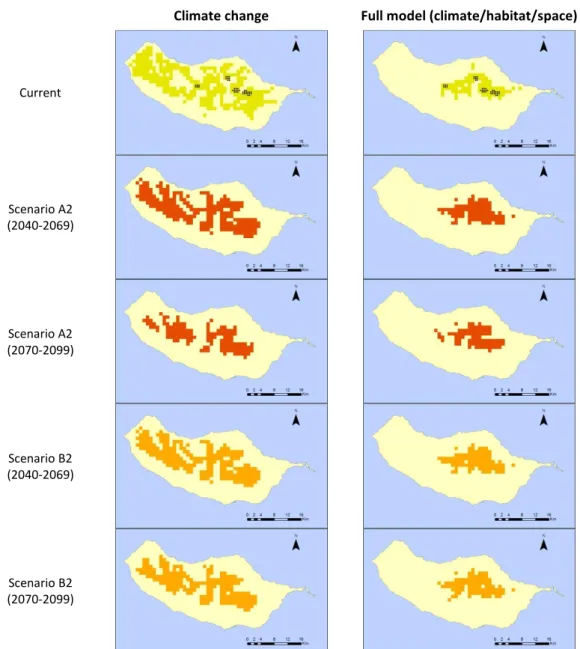 Figure 18: Predictive distribution maps for Leiostyla laurinea. On the first row, black points  represent occurrence data, and green patches correspond to the predicted distribution in the  present