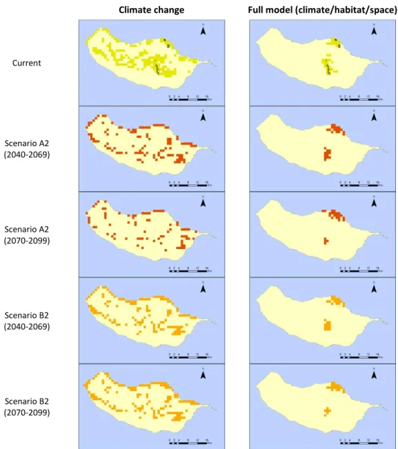 Figure 19: Predictive distribution maps for Leiostyla cassida. On the first row, black points  represent occurrence data, and green patches correspond to the predicted distribution in the  present