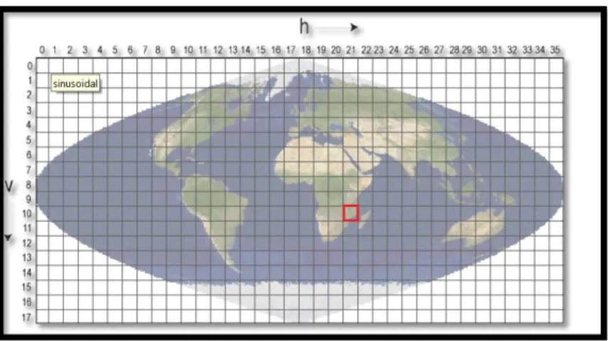 Figura 11- Grelha sinusoidal MODIS com ênfase na janela H-21 V-10 que abrange a Reserva  Nacional do Niassa Extraído de: (Roy &amp; Boschetti 2008) 